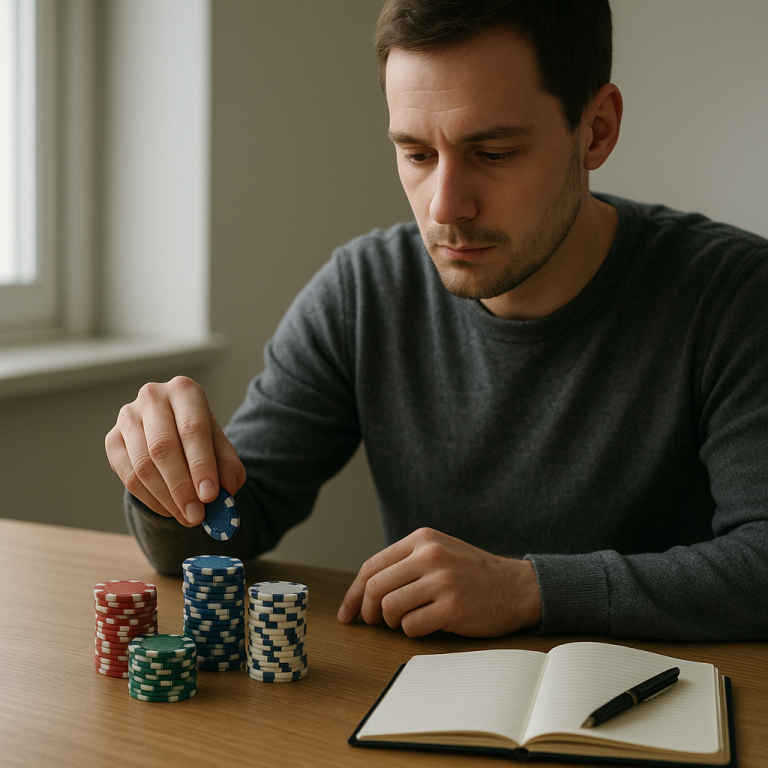 A beginner carefully sets aside small, equal betting units beside a budget notebook.