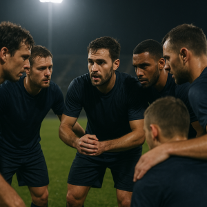 A focused football team huddles under stadium lights during a midweek match, showing fatigue